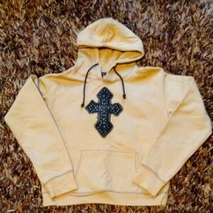 Beige Hoodie with Pocket. Denim patch turquoise stones and silver rivets Jr Lg